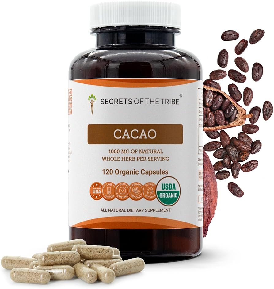 Secrets of the Tribe Cacao 120 Capsules, 1000 mg, USDA Organic Cacao (Theobroma Cacao) Dried Raw Beans (120 Capsules) - Product Image