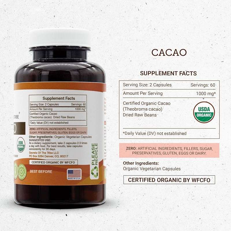 Secrets of the Tribe Cacao 120 Capsules, 1000 mg, USDA Organic Cacao (Theobroma Cacao) Dried Raw Beans (120 Capsules) - Image 4