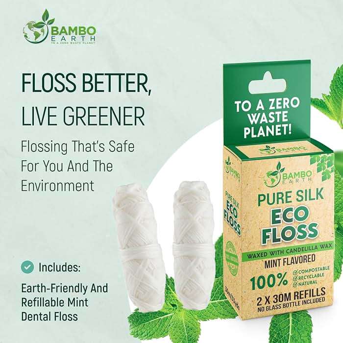 Biodegradable Mint Dental Tooth Lace Floss - 2X Refillable Flossers - 100% Organic Natural and Compostable Teeth Silk Spool - Waxed with Candelilla Wax & Eco-Friendly Zero Waste Packaging - Image 2