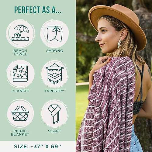 Sand Cloud Turkish Beach Towel - Sand Resistant - 100% Certified Organic Turkish Towel - Quick Dry Towel for Beach, Picnic, Blanket or Bath - As Seen on Shark Tank - Gocek Burgundy - Image 3
