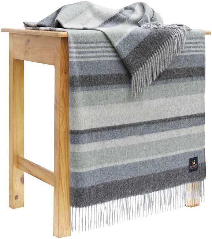Alpaca Merino Wool Blanket Throw Warm and Soft Multicolor Striped Design Peru (Gray/Steel Blue/Light Green) - Image 6
