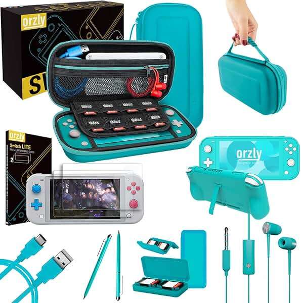 Orzly Switch Lite Accessories Bundle - Case & Screen Protector for Nintendo Switch Lite Console, USB Cable, Games Holder, Grip Case, Headphones, Thumb-Grip Pack & More (Gift Pack - Turquoise Blue) - Image 1