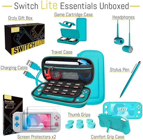 Orzly Switch Lite Accessories Bundle - Case & Screen Protector for Nintendo Switch Lite Console, USB Cable, Games Holder, Grip Case, Headphones, Thumb-Grip Pack & More (Gift Pack - Turquoise Blue) - Image 4