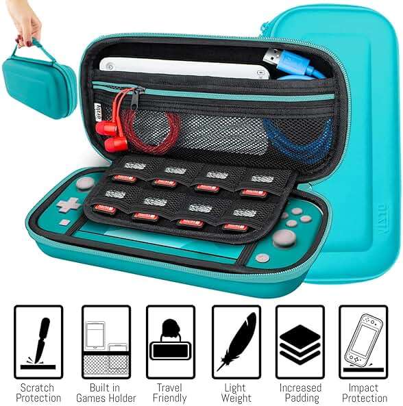 Orzly Switch Lite Accessories Bundle - Case & Screen Protector for Nintendo Switch Lite Console, USB Cable, Games Holder, Grip Case, Headphones, Thumb-Grip Pack & More (Gift Pack - Turquoise Blue) - Image 5