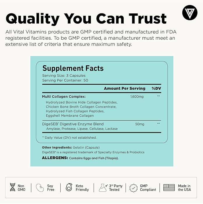 Vital Vitamins Multi Collagen Peptides Capsules for Women & Men - Type I, II, III, V, X Collagen Supplements - Grass-Fed, Non-GMO - 150 Pills - Image 6