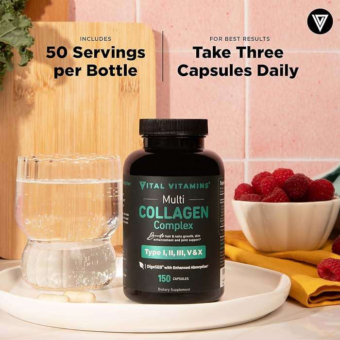 Vital Vitamins Multi Collagen Peptides Capsules for Women & Men - Type I, II, III, V, X Collagen Supplements - Grass-Fed, Non-GMO - 150 Pills - Image 7