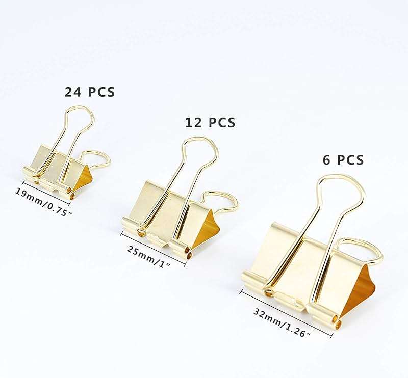 Gold Binder Clips Paper Clamps, Assorted Sizes Set (Small, Medium, Large) for Office School and Home Supplies - Image 3