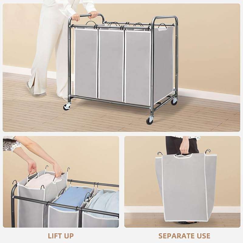 STORAGE MANIAC 3 Section Laundry Sorter, 35.6 Gal (135 L) Laundry Hamper Cart with Heavy Duty Rolling Lockable Wheels and Removable Bags, Clothes Organizer Basket Separator Hamper, Gray - Image 5