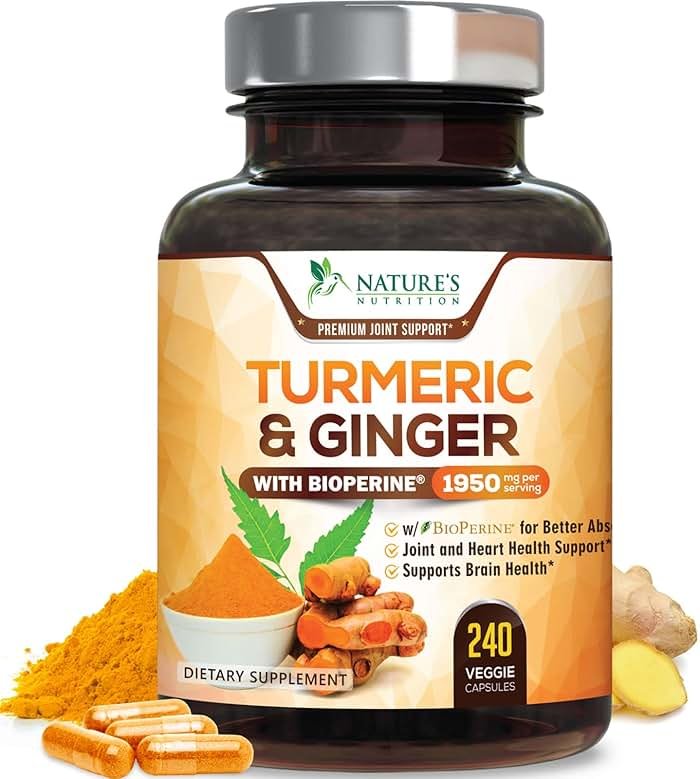 Turmeric Curcumin Supplement - 95% Curcuminoids with Organic Turmeric & Ginger, BioPerine Black Pepper Extract for Best Absorption, Natural Vegan Joint Support, Non-GMO, Bottled in USA - 240 Capsules - Product Image