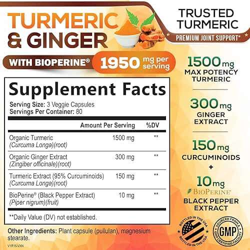 Turmeric Curcumin Supplement - 95% Curcuminoids with Organic Turmeric & Ginger, BioPerine Black Pepper Extract for Best Absorption, Natural Vegan Joint Support, Non-GMO, Bottled in USA - 240 Capsules - Image 2