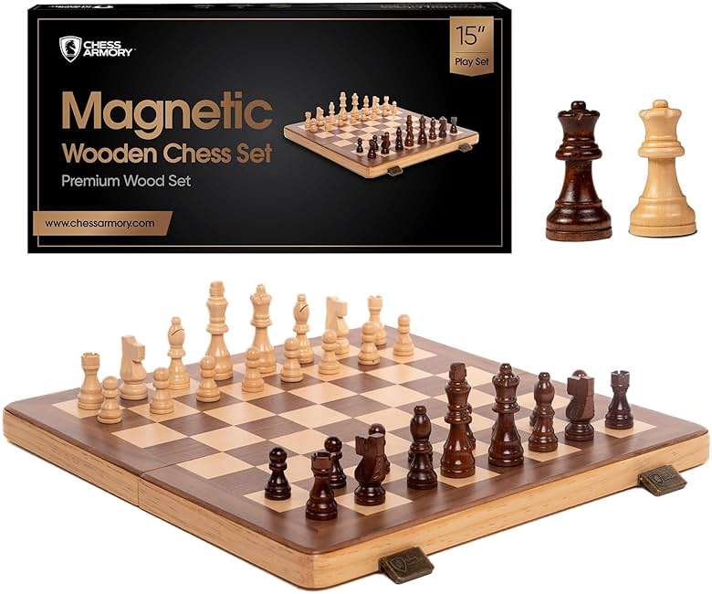 15 Inch Magnetic Wooden Chess Set for Adults & Kids - Folding Travel Chess Board with Handcrafted Staunton Pieces, Extra Queens, and Storage Slots - Image 1
