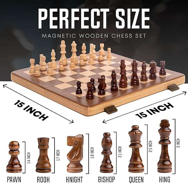 15 Inch Magnetic Wooden Chess Set for Adults & Kids - Folding Travel Chess Board with Handcrafted Staunton Pieces, Extra Queens, and Storage Slots - Image 3