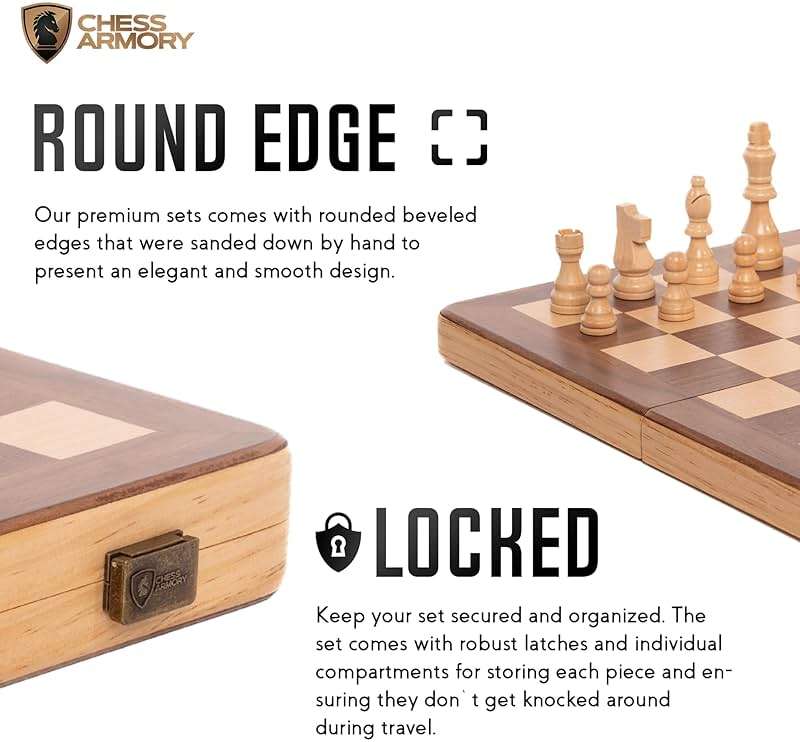 15 Inch Magnetic Wooden Chess Set for Adults & Kids - Folding Travel Chess Board with Handcrafted Staunton Pieces, Extra Queens, and Storage Slots - Image 6