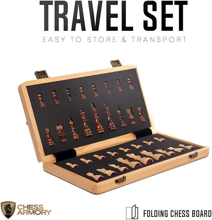15 Inch Magnetic Wooden Chess Set for Adults & Kids - Folding Travel Chess Board with Handcrafted Staunton Pieces, Extra Queens, and Storage Slots - Image 9