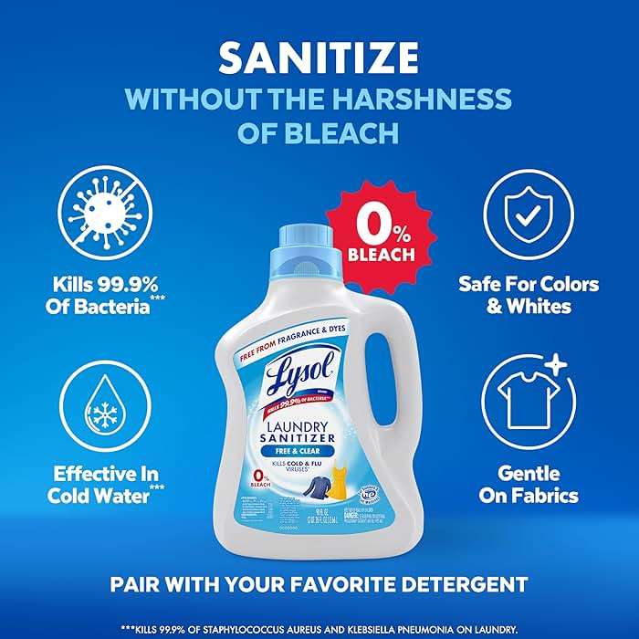 Lysol Laundry Sanitizer Additive, Free & Clear, Free from Fragrance and Dyes, 0% Bleach Laundry Sanitizer, Bacteria-causing Laundry Odor Eliminator, Unscented, 90 Fl Oz (Pack of 1) - Package May Vary - Image 5