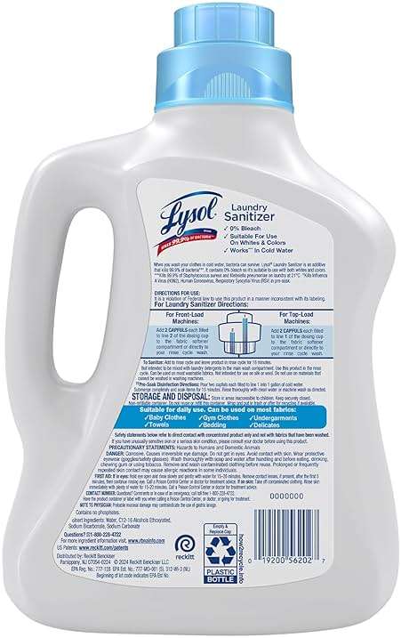 Lysol Laundry Sanitizer Additive, Free & Clear, Free from Fragrance and Dyes, 0% Bleach Laundry Sanitizer, Bacteria-causing Laundry Odor Eliminator, Unscented, 90 Fl Oz (Pack of 1) - Package May Vary - Image 10