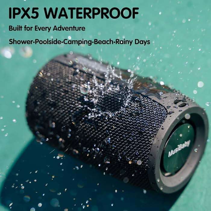 Musibaby M68 Portable Bluetooth Speaker, 12W, IPX5, FM, USB/AUX, Black | Portable 12W speaker for bedroom, desk, patio and travel. IPX5 splash-resistant with FM, USB drive, AUX and dual pairing. - Image 5