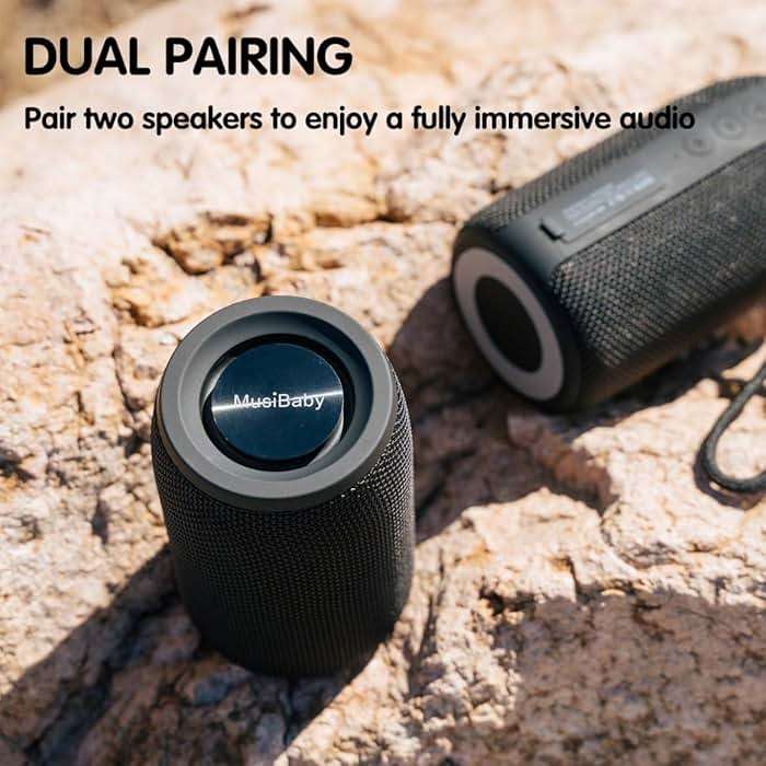Musibaby M68 Portable Bluetooth Speaker, 12W, IPX5, FM, USB/AUX, Black | Portable 12W speaker for bedroom, desk, patio and travel. IPX5 splash-resistant with FM, USB drive, AUX and dual pairing. - Image 6