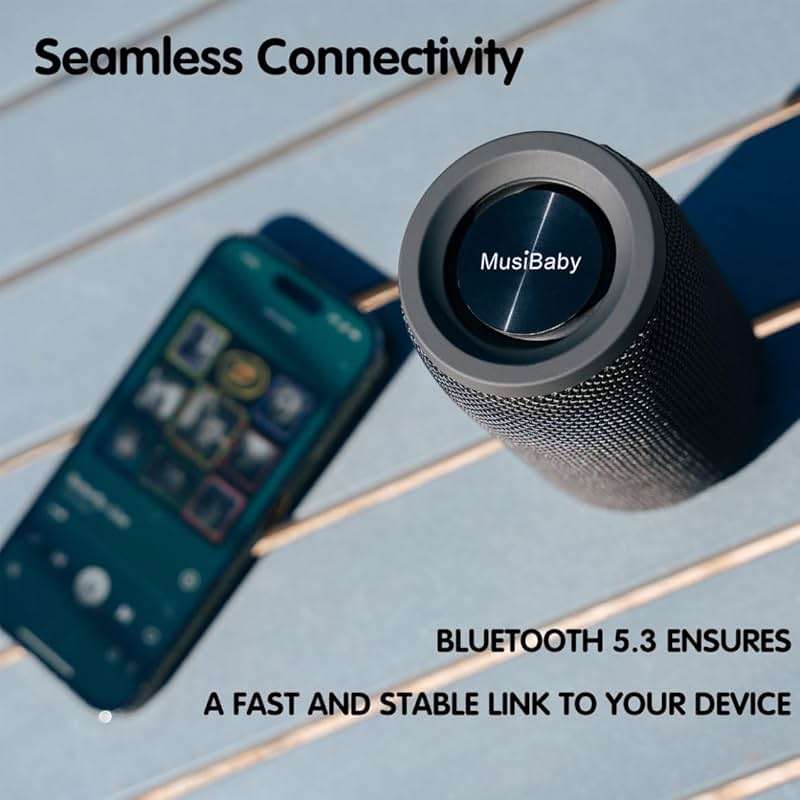 Musibaby M68 Portable Bluetooth Speaker, 12W, IPX5, FM, USB/AUX, Black | Portable 12W speaker for bedroom, desk, patio and travel. IPX5 splash-resistant with FM, USB drive, AUX and dual pairing. - Image 7