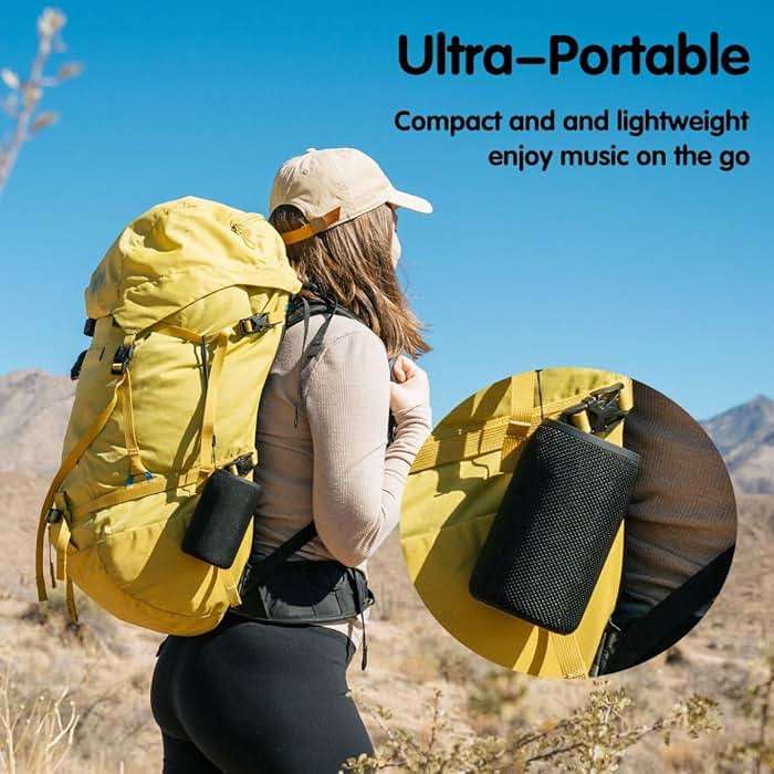 Musibaby M68 Portable Bluetooth Speaker, 12W, IPX5, FM, USB/AUX, Black | Portable 12W speaker for bedroom, desk, patio and travel. IPX5 splash-resistant with FM, USB drive, AUX and dual pairing. - Image 8