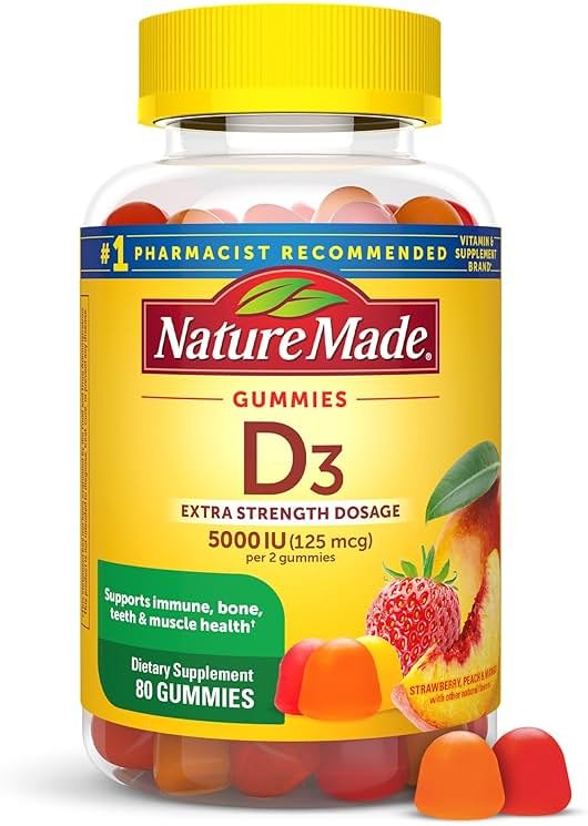 Nature Made Vitamin D3 5000 IU Per Serving Gummies Extra Strength, Bone and Immune Health Support, 80 Vitamin D Gummies for Adults, 40 Day Supply - Product Image