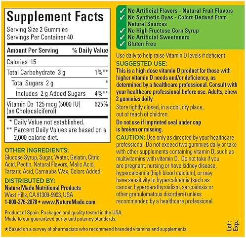 Nature Made Vitamin D3 5000 IU Per Serving Gummies Extra Strength, Bone and Immune Health Support, 80 Vitamin D Gummies for Adults, 40 Day Supply - Image 5