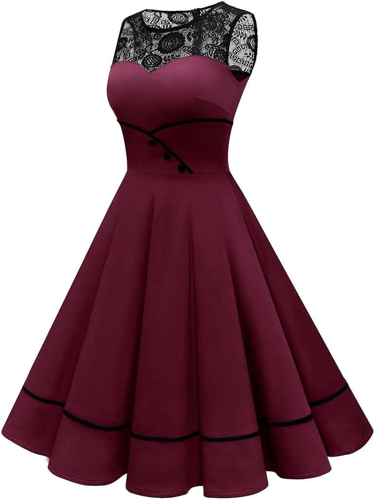 Bbonlinedress Women's 50s Vintage Floral Lace Retro Rockabilly Sleeveless Round Neck Cocktail Party Swing Dress - Image 3