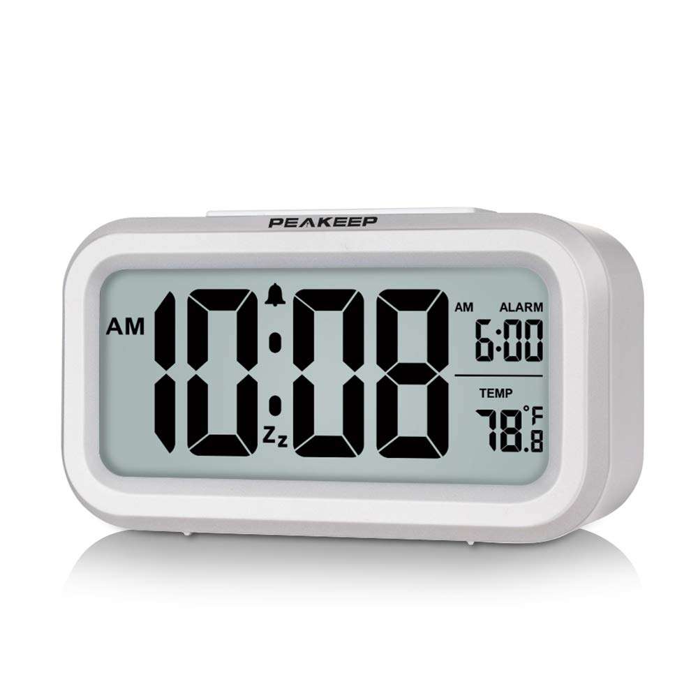 Peakeep Night Light Digital Alarm Clock Battery Operated with Indoor Temperature, Desk Small Clock (White) - Image 1