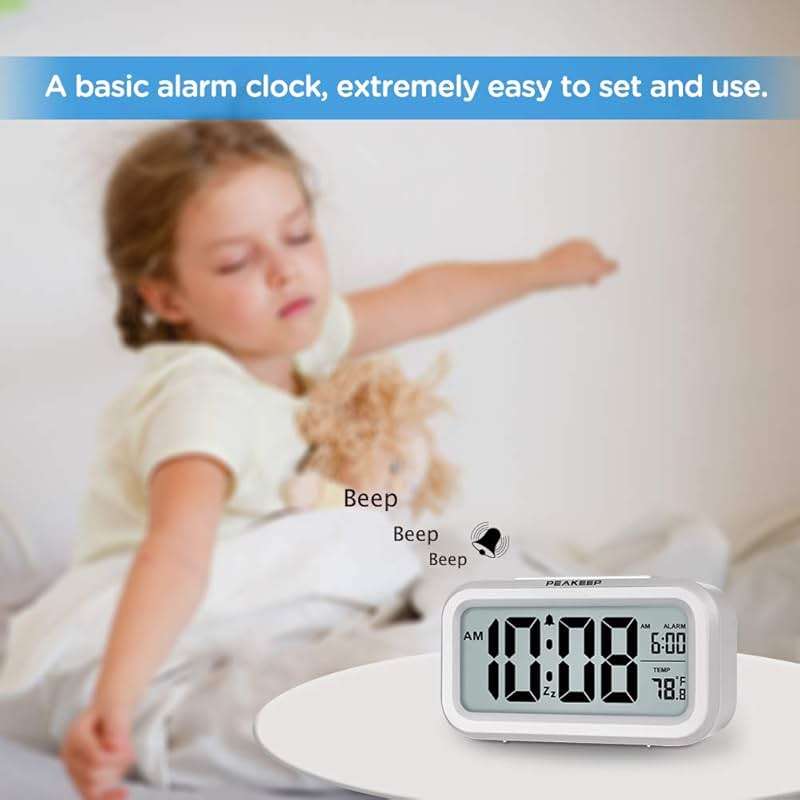 Peakeep Night Light Digital Alarm Clock Battery Operated with Indoor Temperature, Desk Small Clock (White) - Image 3