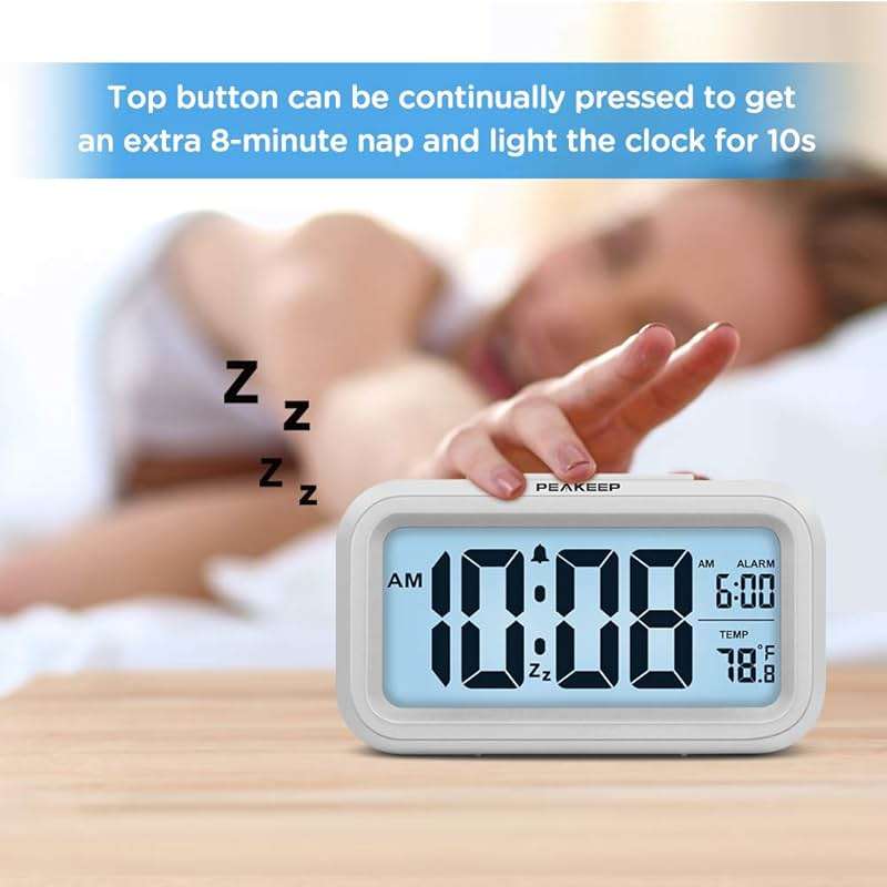 Peakeep Night Light Digital Alarm Clock Battery Operated with Indoor Temperature, Desk Small Clock (White) - Image 4