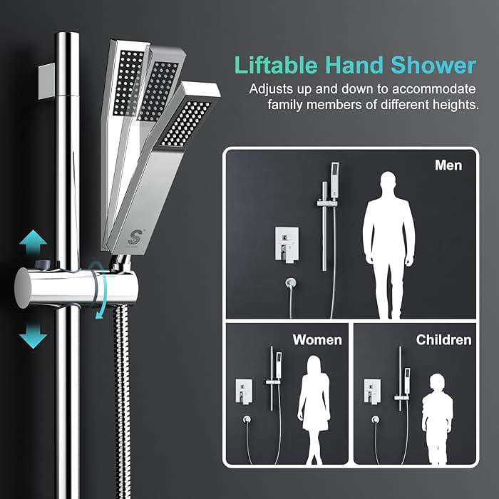 SR SUN RISE 12 Inch Slide Bar Shower System, Square Rain Shower Head and Handheld Spray, Wall Mounted Shower Faucets Sets Complete Included Valve and Shower Trim Kit, Polished Chrome - Image 2