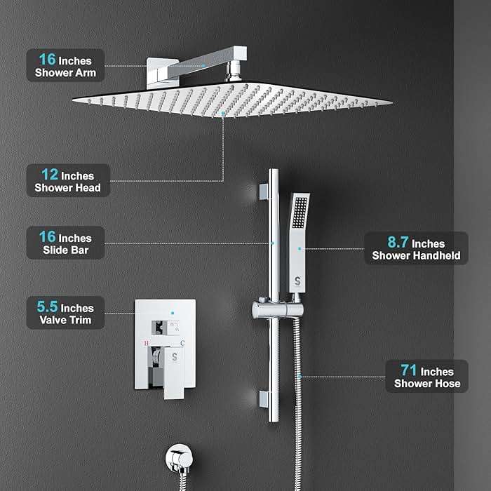 SR SUN RISE 12 Inch Slide Bar Shower System, Square Rain Shower Head and Handheld Spray, Wall Mounted Shower Faucets Sets Complete Included Valve and Shower Trim Kit, Polished Chrome - Image 5