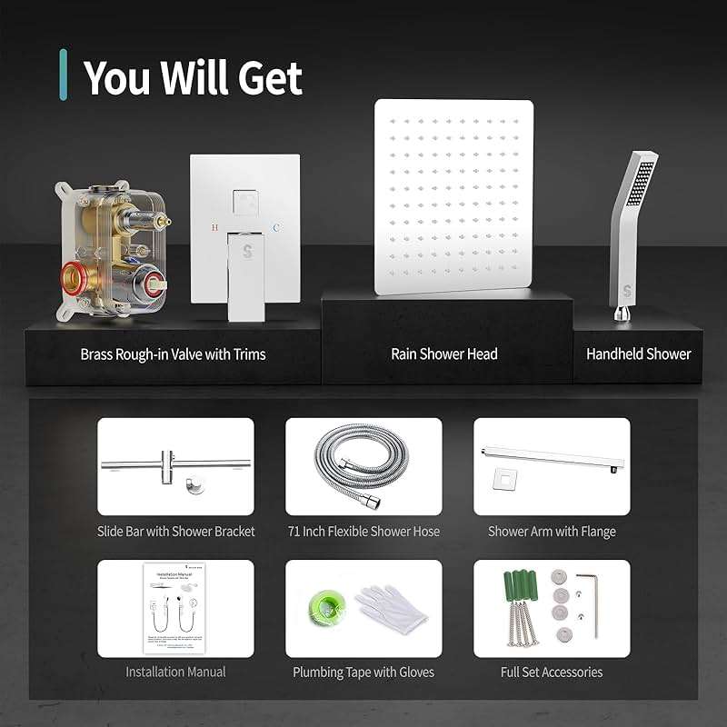 SR SUN RISE 12 Inch Slide Bar Shower System, Square Rain Shower Head and Handheld Spray, Wall Mounted Shower Faucets Sets Complete Included Valve and Shower Trim Kit, Polished Chrome - Image 8