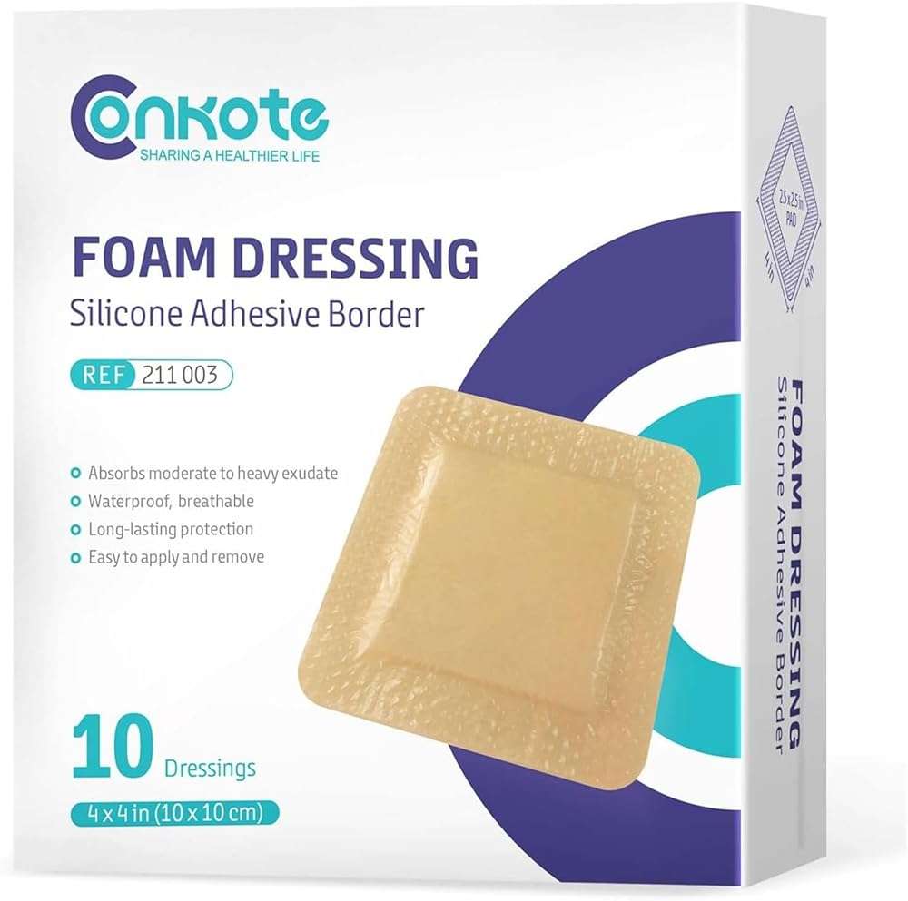 Conkote Silicone Adhesive Foam Dressings 4'' X 4'', Waterproof Bandages for Wound Care, Box of 10 Dressings - Image 1