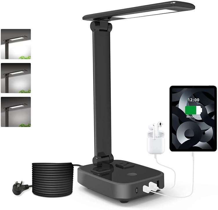 Yostyle LED Desk Lamp with 4 USB Charging Ports and 2 AC Outlets,5ft Extension Cord Power Strip Station, 3 Level Brightness, Touch Dimmer Control, Office Table Eye Care Lamp Bedroom Hotel - Image 1