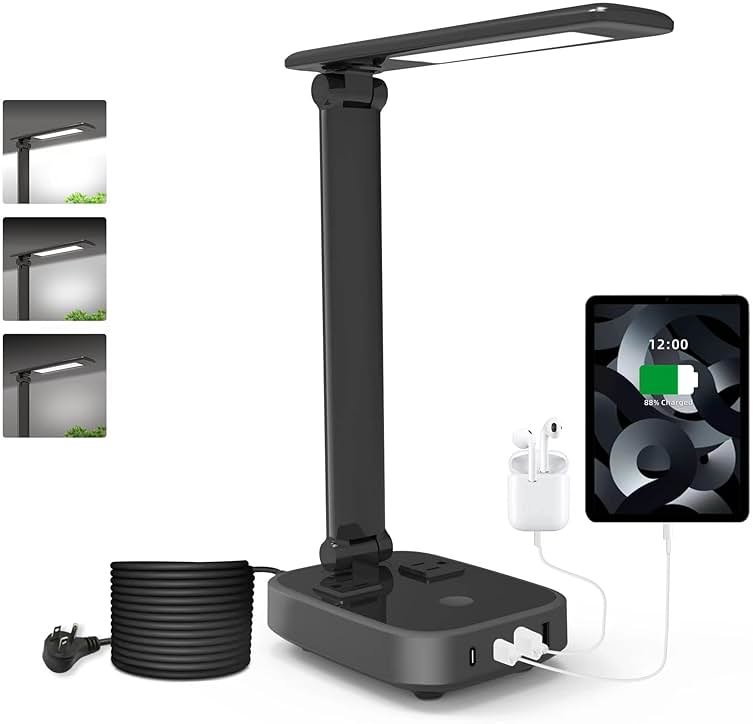 Yostyle LED Desk Lamp with 4 USB Charging Ports and 2 AC Outlets,5ft Extension Cord Power Strip Station, 3 Level Brightness, Touch Dimmer Control, Office Table Eye Care Lamp Bedroom Hotel - Product Image