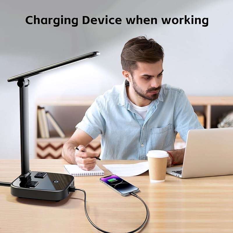 Yostyle LED Desk Lamp with 4 USB Charging Ports and 2 AC Outlets,5ft Extension Cord Power Strip Station, 3 Level Brightness, Touch Dimmer Control, Office Table Eye Care Lamp Bedroom Hotel - Image 2