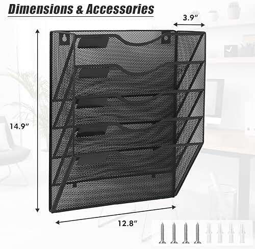 EASEPRES 5 Pocket Mesh Hanging Wall File Organizer, Wall Mounted Mail Paper Document Folder Holder, Clipboard Storage Organization Magazine Rack with Nametag Label for Office Home School, Black - Image 2