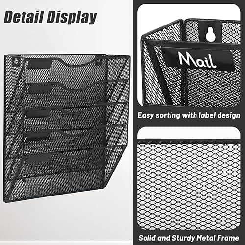 EASEPRES 5 Pocket Mesh Hanging Wall File Organizer, Wall Mounted Mail Paper Document Folder Holder, Clipboard Storage Organization Magazine Rack with Nametag Label for Office Home School, Black - Image 3