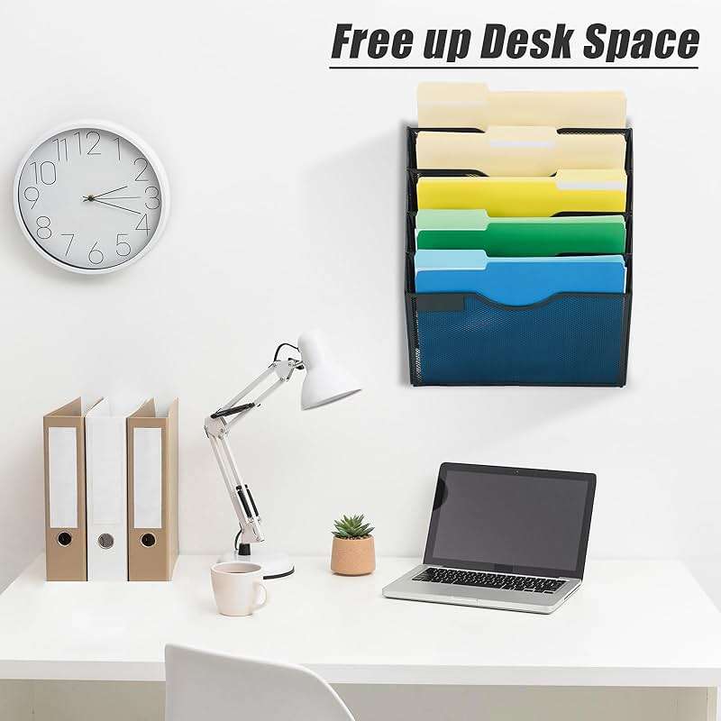 EASEPRES 5 Pocket Mesh Hanging Wall File Organizer, Wall Mounted Mail Paper Document Folder Holder, Clipboard Storage Organization Magazine Rack with Nametag Label for Office Home School, Black - Image 6