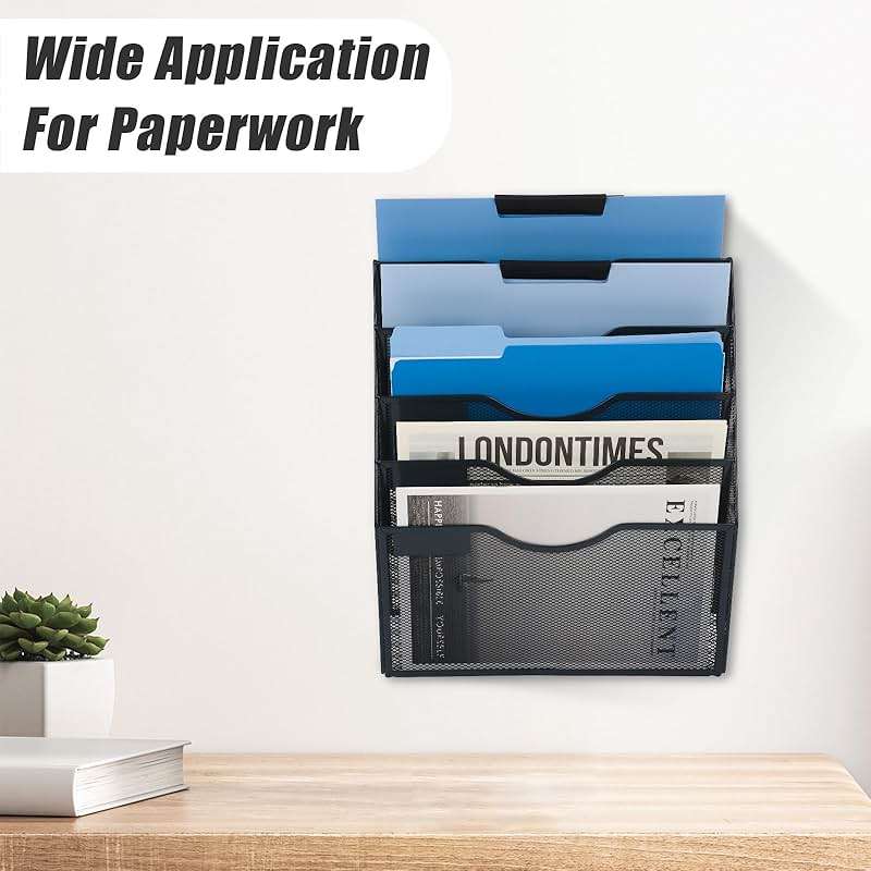EASEPRES 5 Pocket Mesh Hanging Wall File Organizer, Wall Mounted Mail Paper Document Folder Holder, Clipboard Storage Organization Magazine Rack with Nametag Label for Office Home School, Black - Image 7