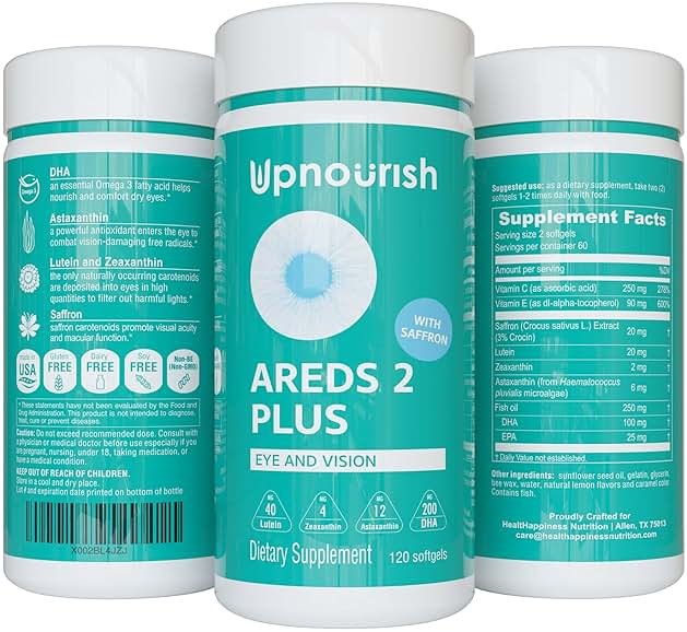 UpNourish AREDS 2 Plus Eye Vitamin Supplement, AREDS 2 Zinc Free Formula with Lutein, Zeaxanthin, Saffron, Astaxanthin & DHA - 120 softgels - Product Image