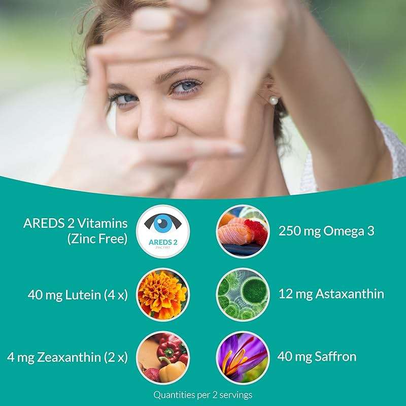 UpNourish AREDS 2 Plus Eye Vitamin Supplement, AREDS 2 Zinc Free Formula with Lutein, Zeaxanthin, Saffron, Astaxanthin & DHA - 120 softgels - Image 2
