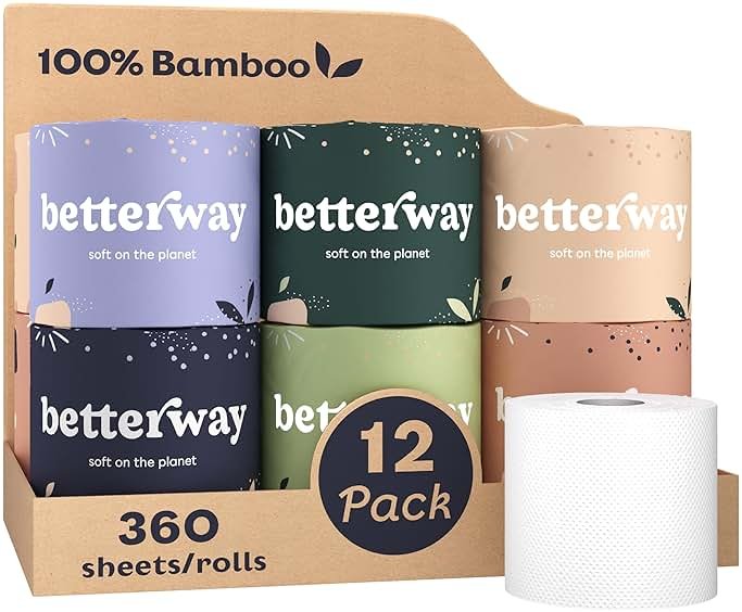 Betterway Bamboo Toilet Paper 3 Ply - Sustainable Toilet Tissue - 12 Double Rolls & 360 Sheets Per Roll - Septic Safe - Organic, Plastic & PFAS Free - FSC Certified - Product Image