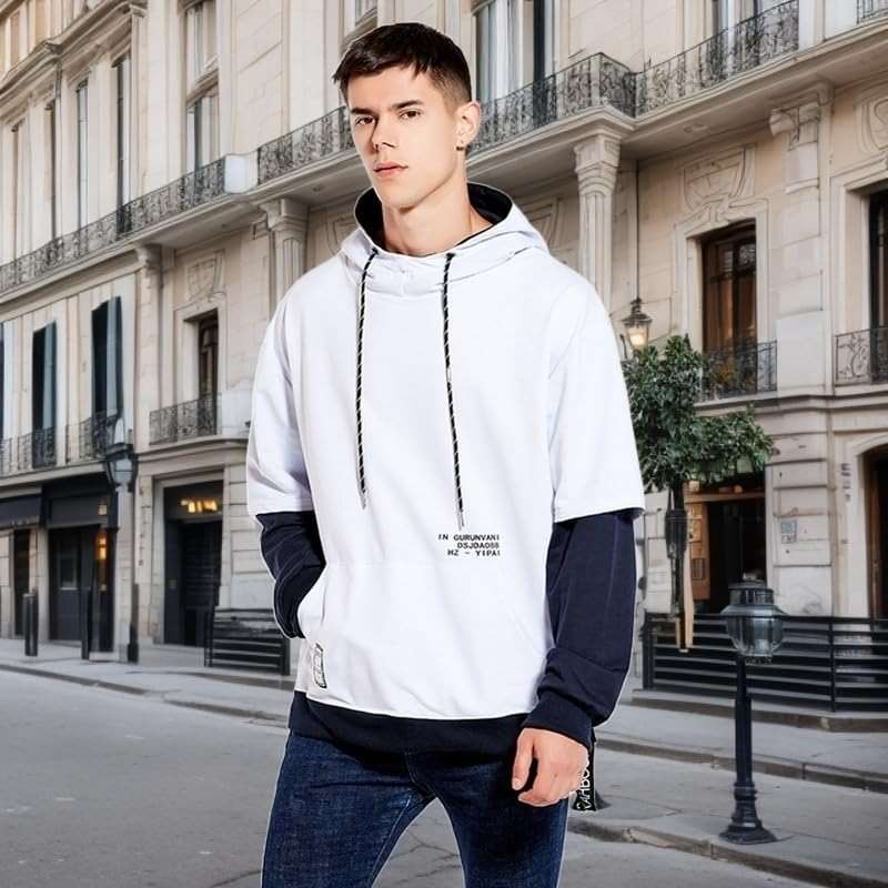 GURUNVANI Contrast Color Pullover Hoodie Mens Patchwork Hoodies Men - Image 3