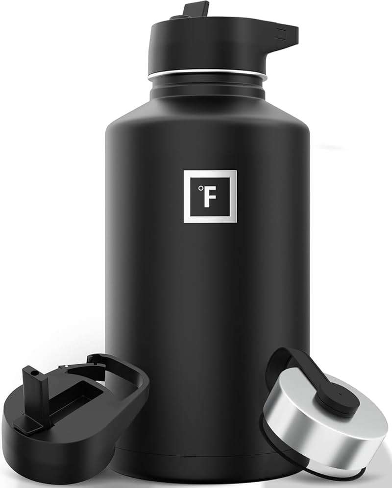 IRON °FLASK Camping & Hiking Hydration Flask with Straw, Wide Mouth Insulated Stainless Steel Sports Water Bottle - Midnight Black 64 oz - Straw (1 Lid) - Image 1