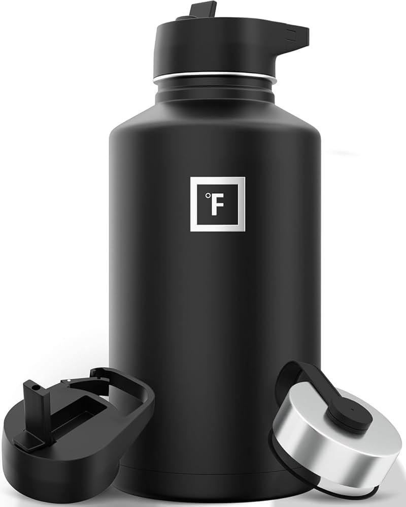 IRON °FLASK Camping & Hiking Hydration Flask with Straw, Wide Mouth Insulated Stainless Steel Sports Water Bottle - Midnight Black 64 oz - Straw (1 Lid) - Product Image
