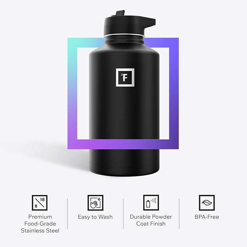 IRON °FLASK Camping & Hiking Hydration Flask with Straw, Wide Mouth Insulated Stainless Steel Sports Water Bottle - Midnight Black 64 oz - Straw (1 Lid) - Image 6