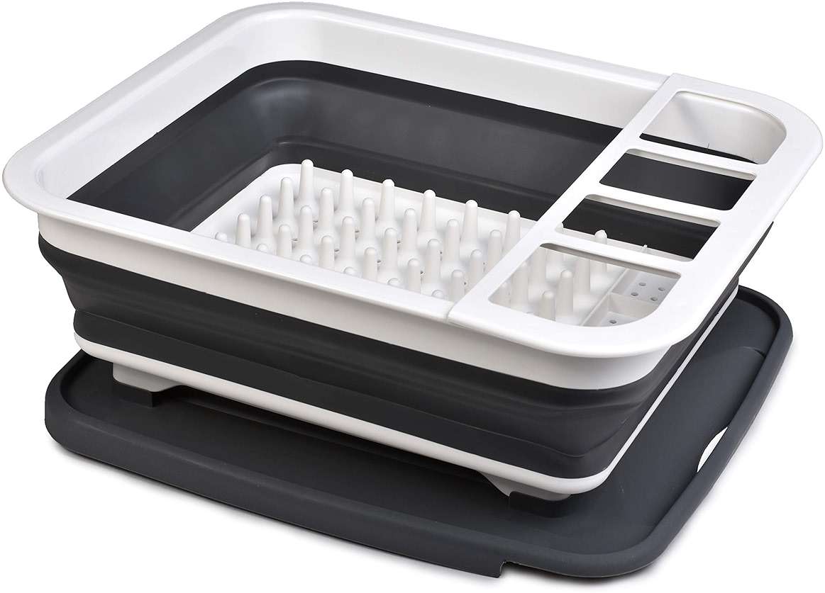 Masirs Pop-Up Collapsible Dish Drying Rack: Convenient Storage, Drains into Sink, Eight Large Plate Capacity, Sectional Cutlery and Utensil Compartment. Compact and Portable Design. - Image 1