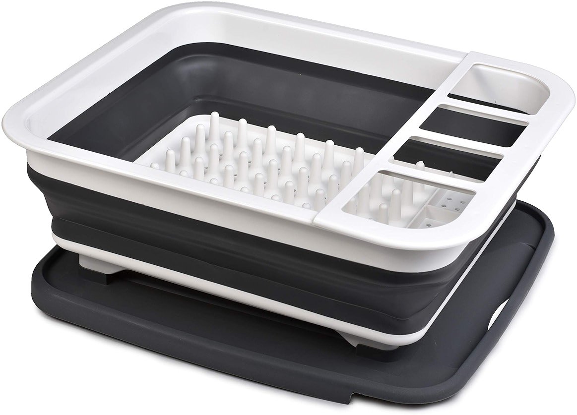 Masirs Pop-Up Collapsible Dish Drying Rack: Convenient Storage, Drains into Sink, Eight Large Plate Capacity, Sectional Cutlery and Utensil Compartment. Compact and Portable Design. - Product Image